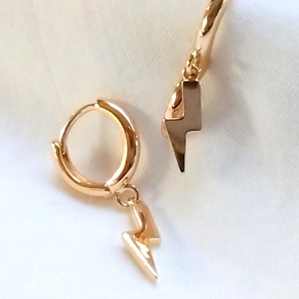 NIB Gold Plated Tiny Hoop Earrings with Lightening Bolt Dangle / Ready to Gift